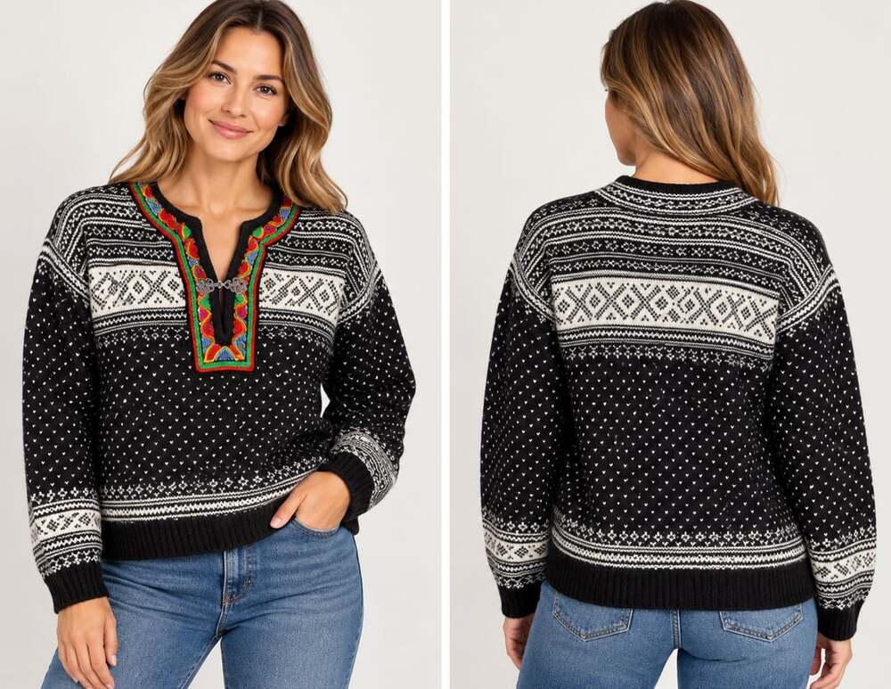 VTG Dale of Norway Wool Sweater Size XL 46 Black Fair Isle Pewter Clasp